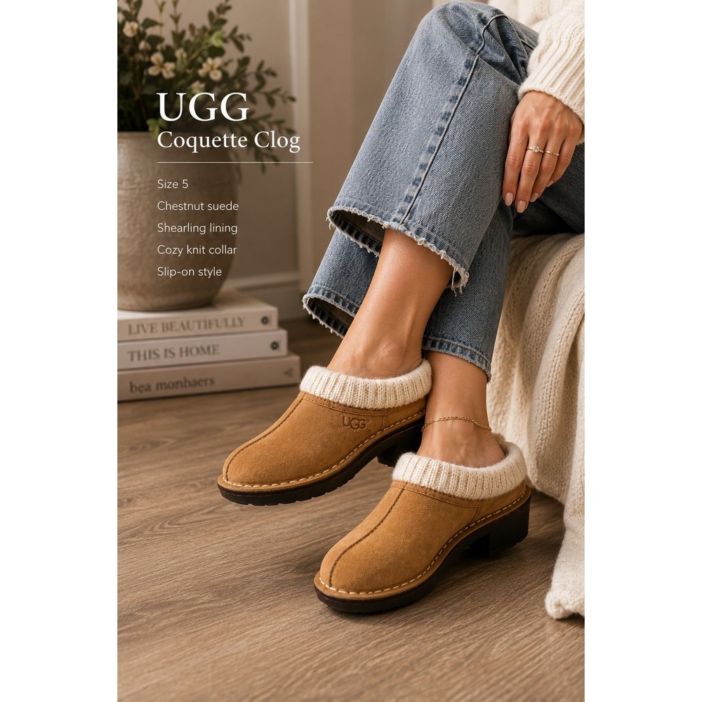 UGG Coquette Clog Chestnut Suede Knit Collar Shearling Mule 1934 Womens 5